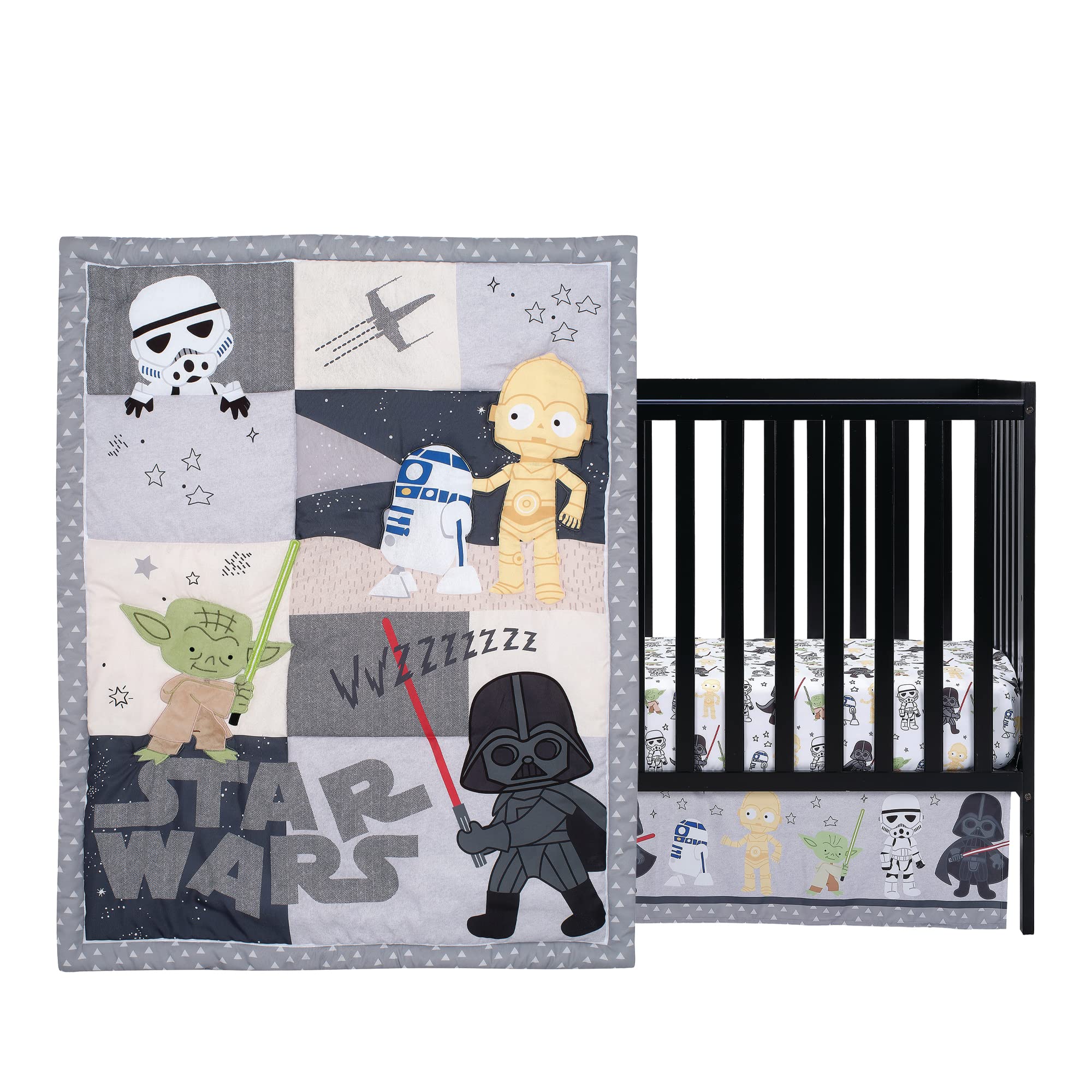 Lambs & Ivy Star Wars quilt with Darth Vader embroidery as a bold nursery accent