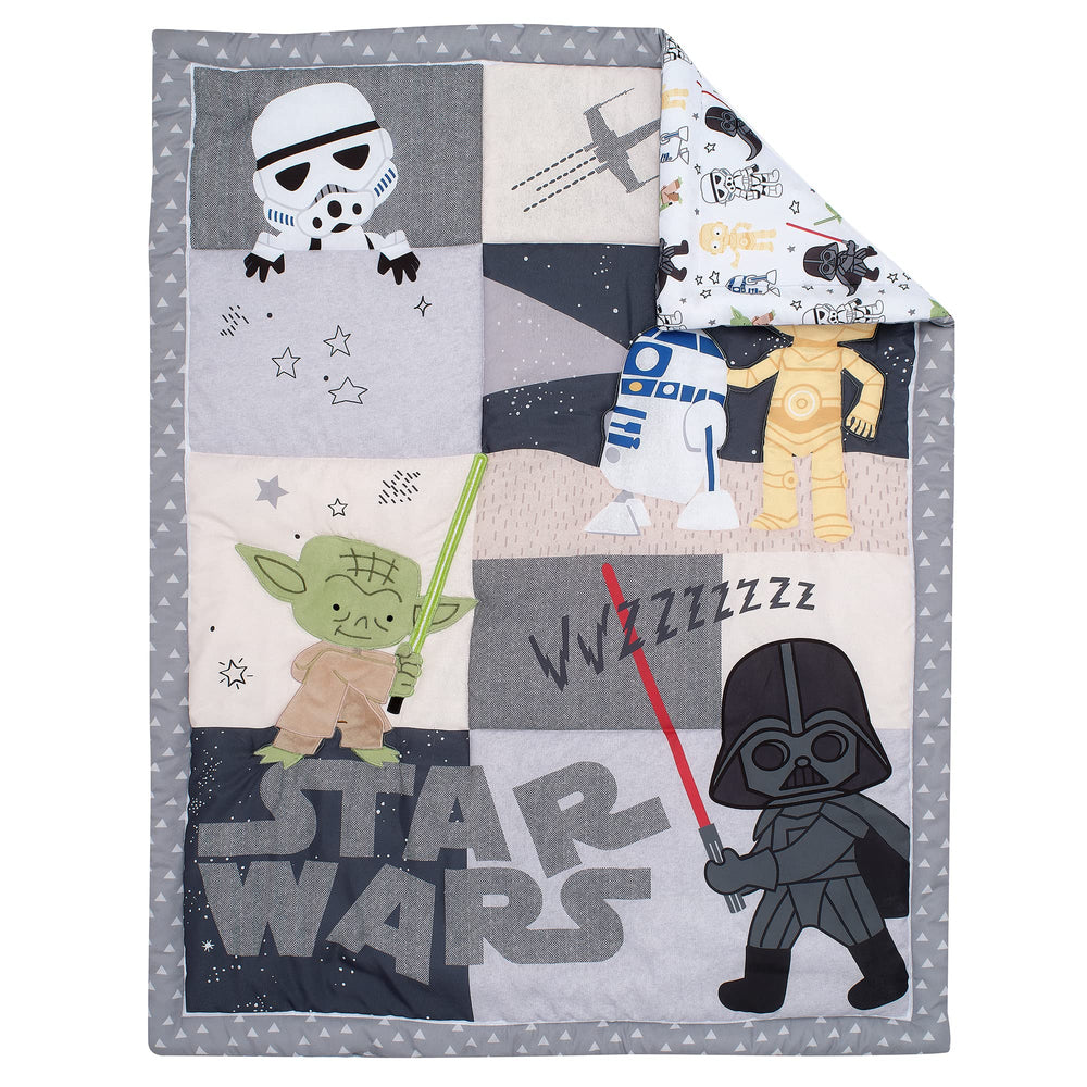 Lambs & Ivy Star Wars fitted sheet with elastic around edge for secure crib fit