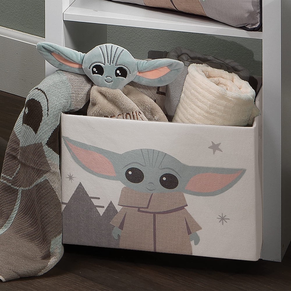 Lambs & Ivy Grogu bin dimensions are 12.5in x 11in x 9in for nursery storage