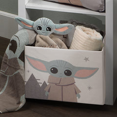 Lambs & Ivy Grogu bin dimensions are 12.5in x 11in x 9in for nursery storage
