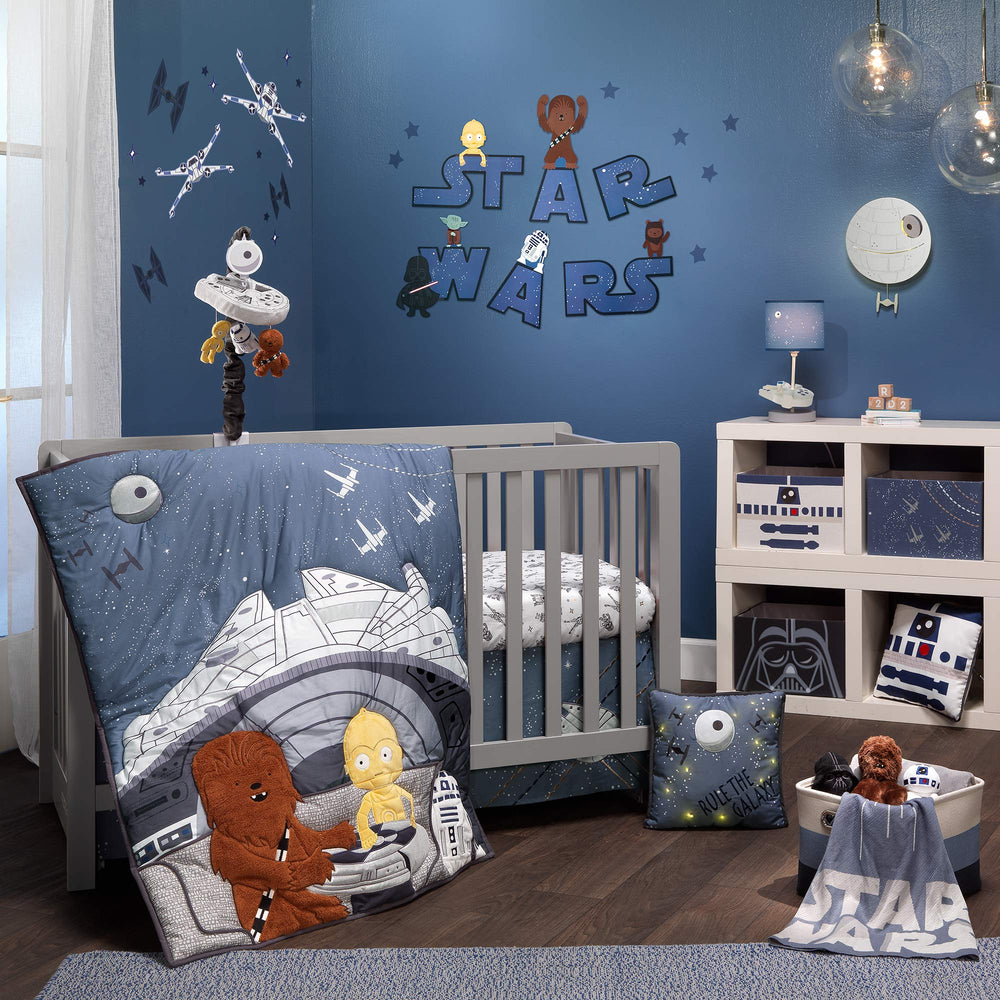 Lambs & Ivy Star Wars Death Star print pairs with crib-to-toddler sheets.