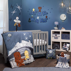 Lambs & Ivy Star Wars Death Star print pairs with crib-to-toddler sheets.