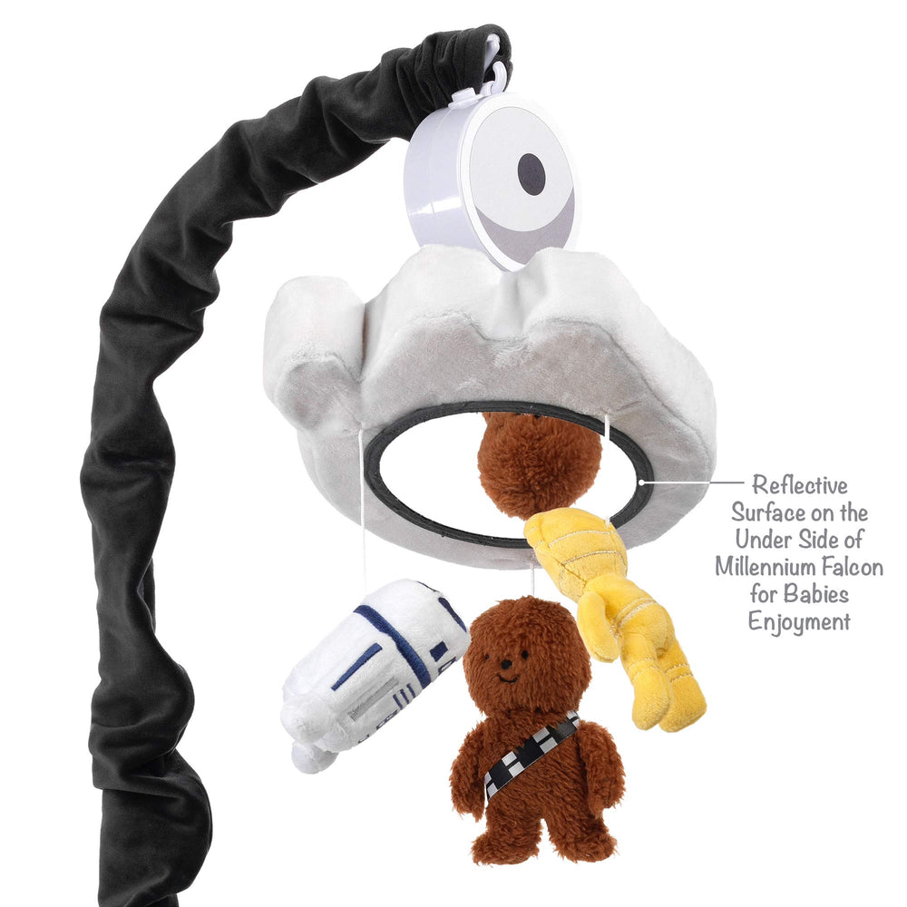 Lambs & Ivy Star Wars mobile music options provide gentle lullaby ambiance.