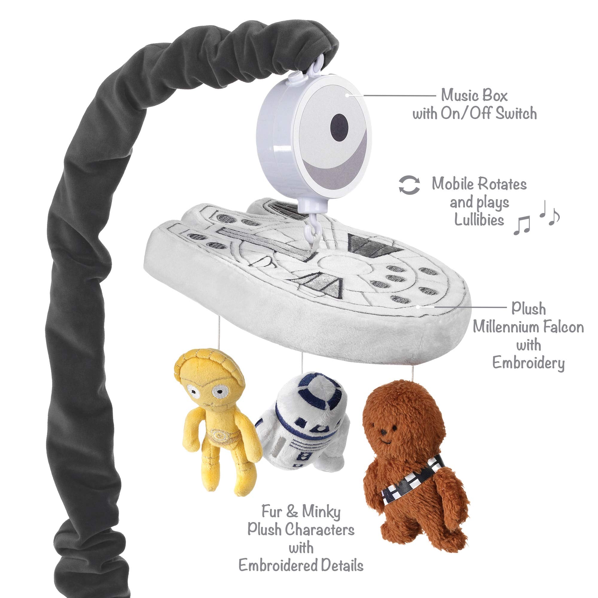Lambs & Ivy Millennium Falcon volume control panel helps caregivers adjust sound.