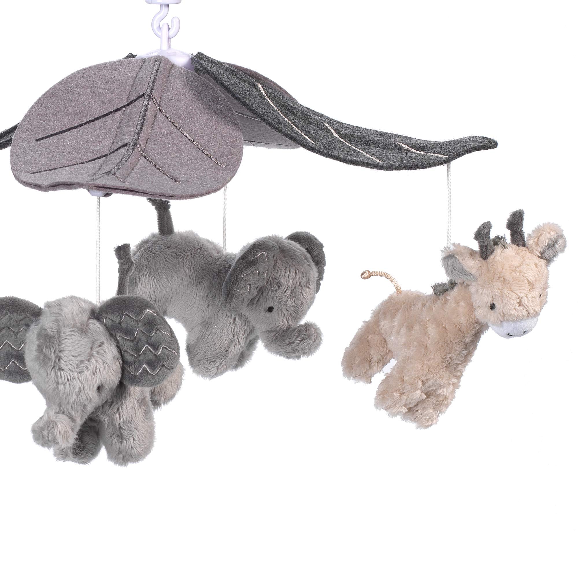 Lambs & Ivy taupe-minky giraffes and elephants highlight soft textures and calming visuals