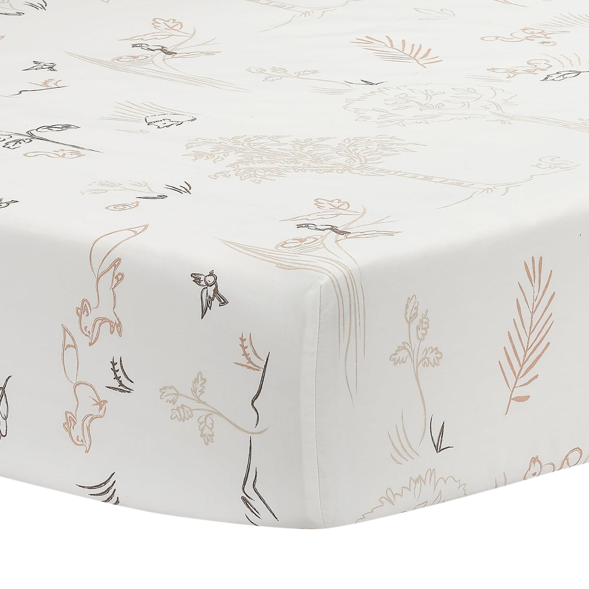 Lambs & Ivy Treetop Fox forest scene sheet offers breathable cotton comfort for crib nights.
