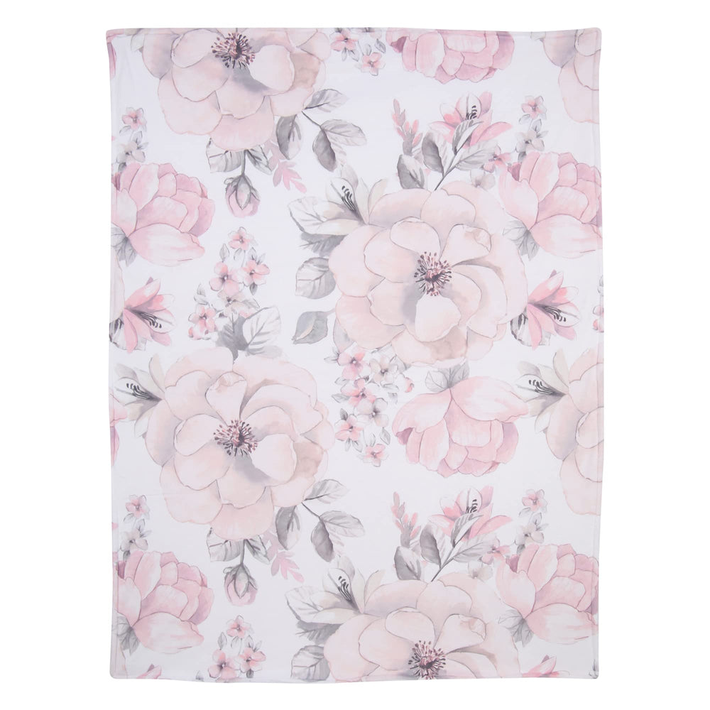 Lambs & Ivy watercolor blossoms close-up highlights delicate print for nursery moments.