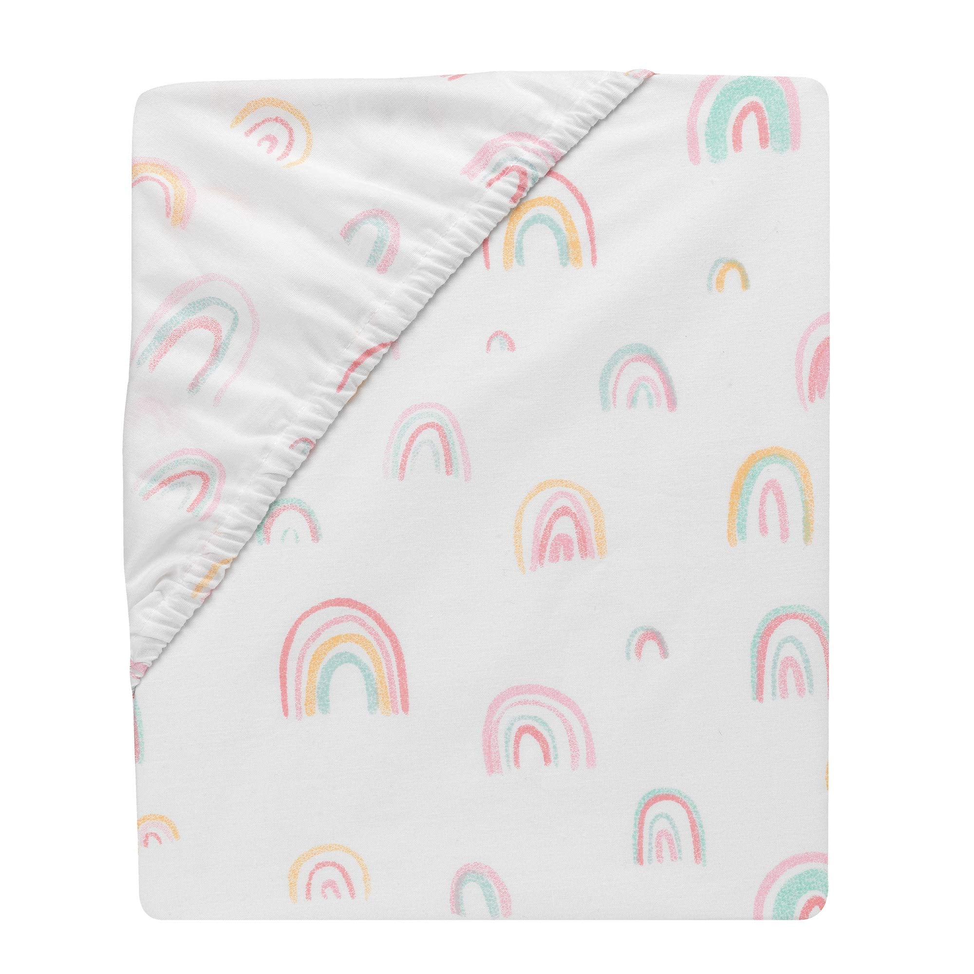 Lambs & Ivy Watercolor Rainbow sheet elastic edge visible ensures secure crib fit.