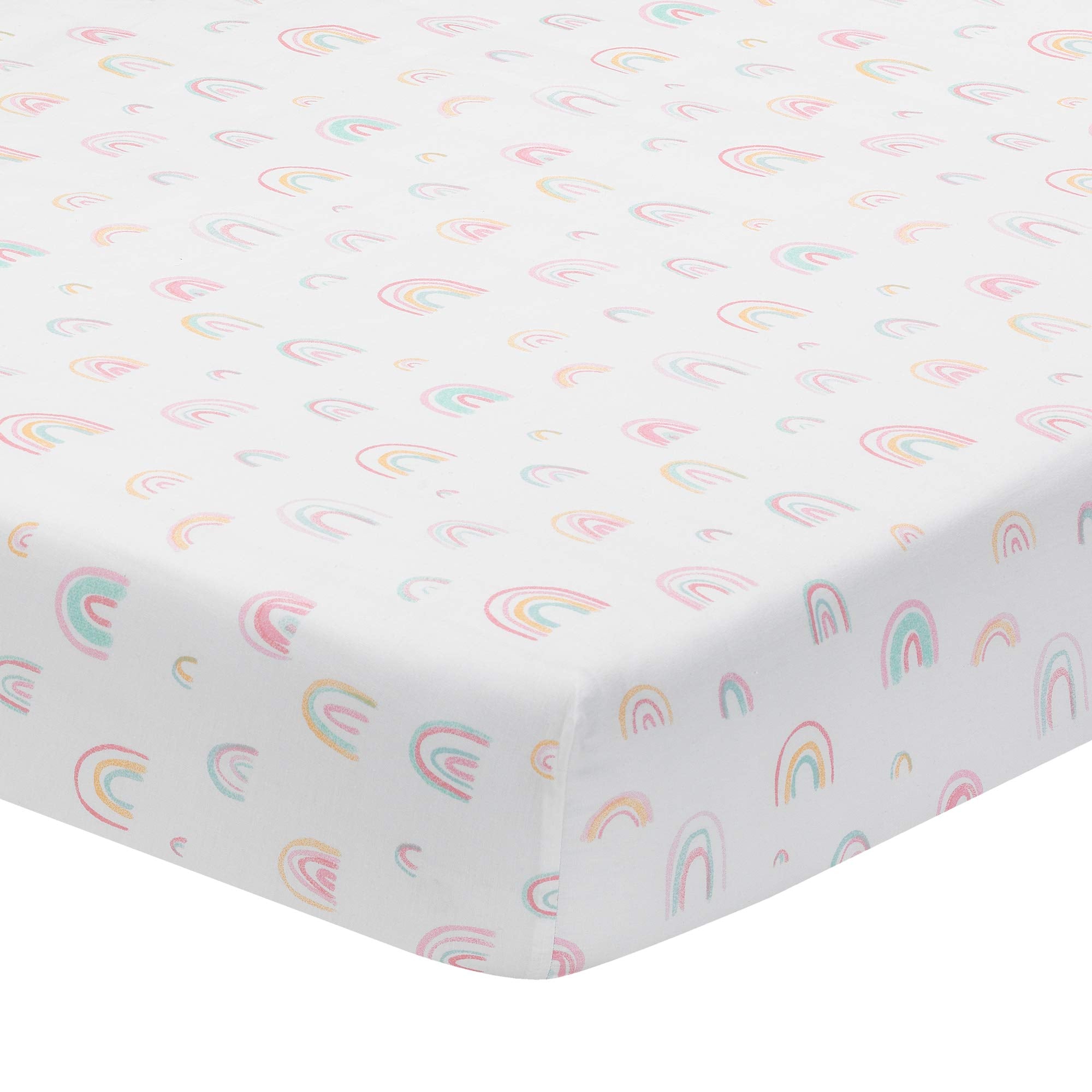 Lambs & Ivy Watercolor Rainbow sheet close-up shows breathable 100% cotton for baby comfort.