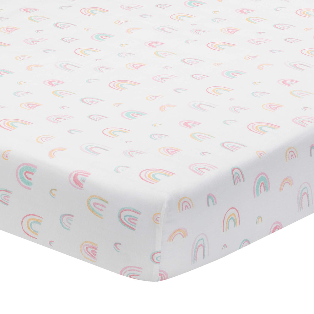 Lambs & Ivy Watercolor Rainbow sheet close-up shows breathable 100% cotton for baby comfort.