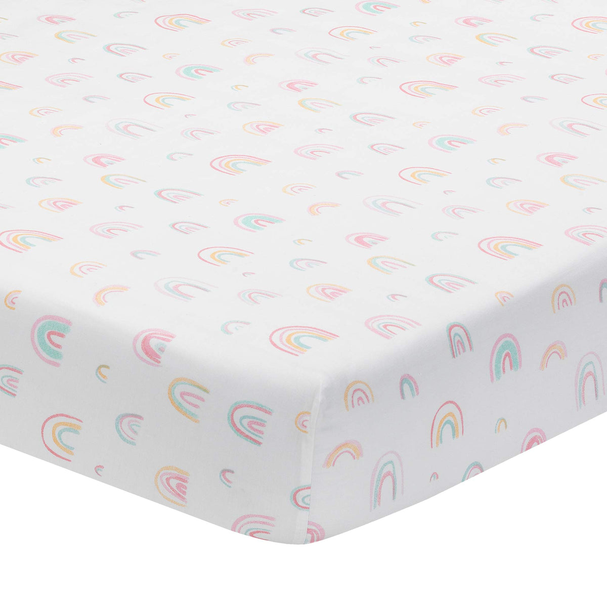 Lambs & Ivy Watercolor Rainbow sheet close-up shows breathable 100% cotton for baby comfort.