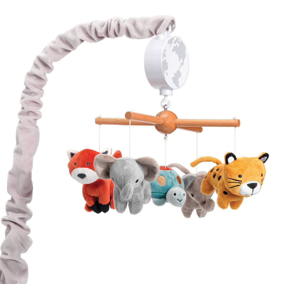 Lambs & Ivy Wild Life Musical Mobile shows plush animals for baby's visual tracking and calm light cues.