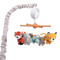 Lambs & Ivy Wild Life Musical Mobile shows plush animals for baby's visual tracking and calm light cues.