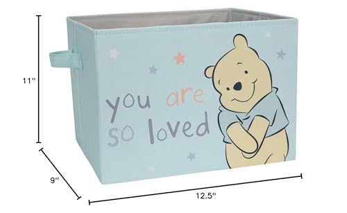 Lambs & Ivy Winnie the Pooh blue storage basket—compact 12 ½ × 11 × 9 inches for small spaces.