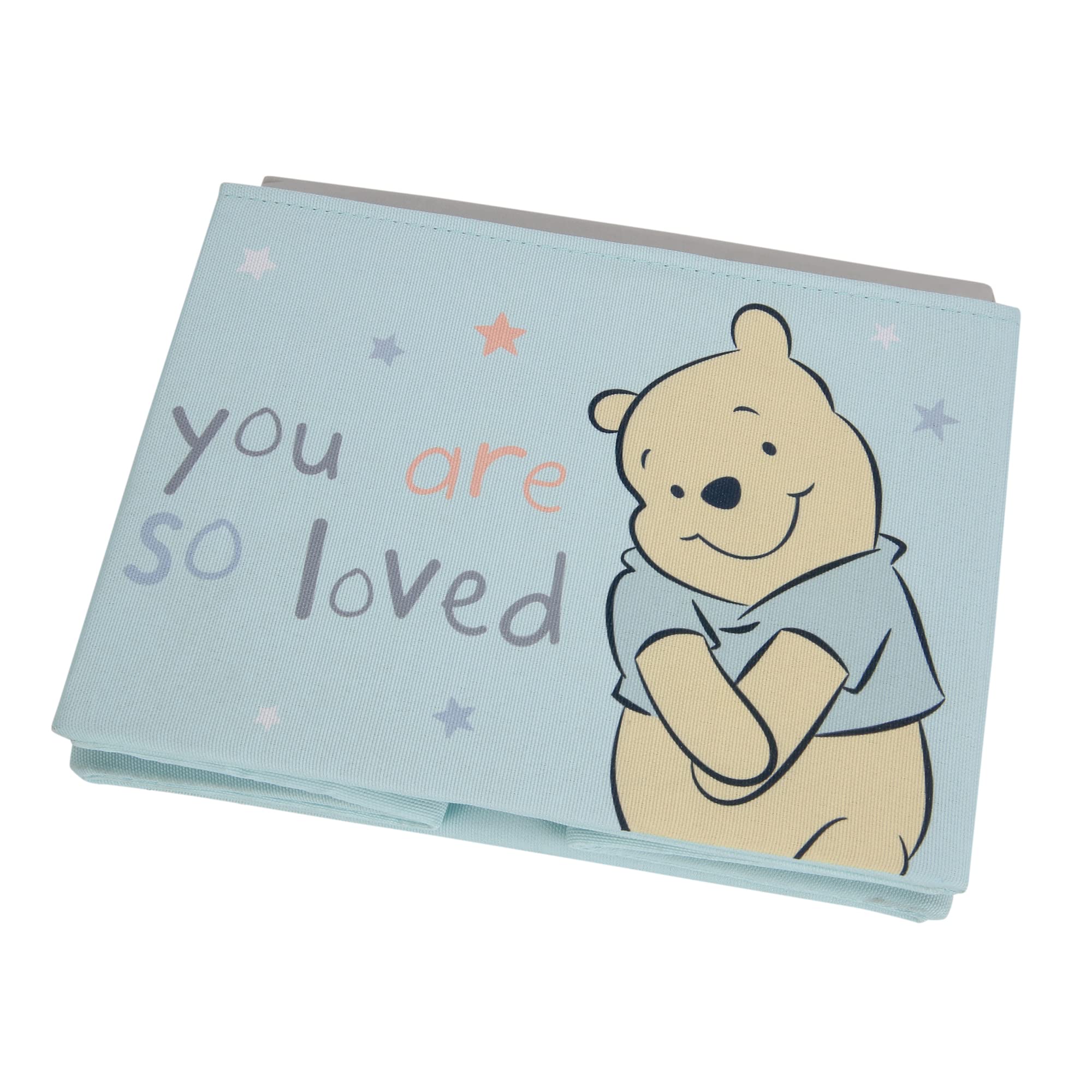 Lambs & Ivy Winnie the Pooh blue foldable storage basket—holding toys or blankets in playroom.