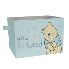 Lambs & Ivy Winnie the Pooh blue foldable storage basket—side view for tidy nursery storage.