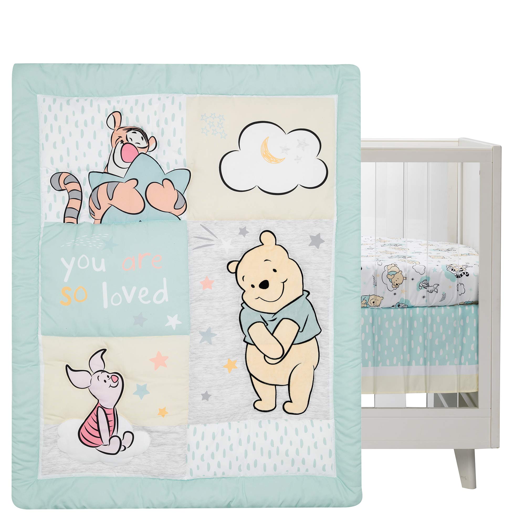 Lambs & Ivy Winnie the Pooh Hugs crib sheet pastel colors support gender-neutral nursery design.