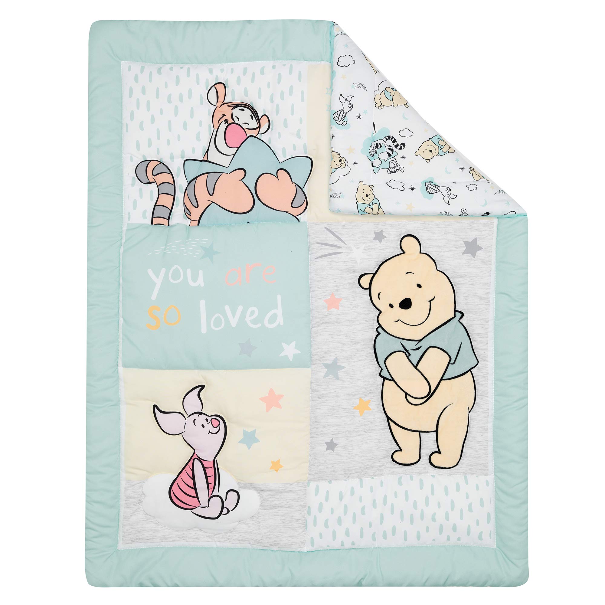 Lambs & Ivy Winnie the Pooh Hugs crib skirt coordinates with soft pastel theme for cohesive decor.