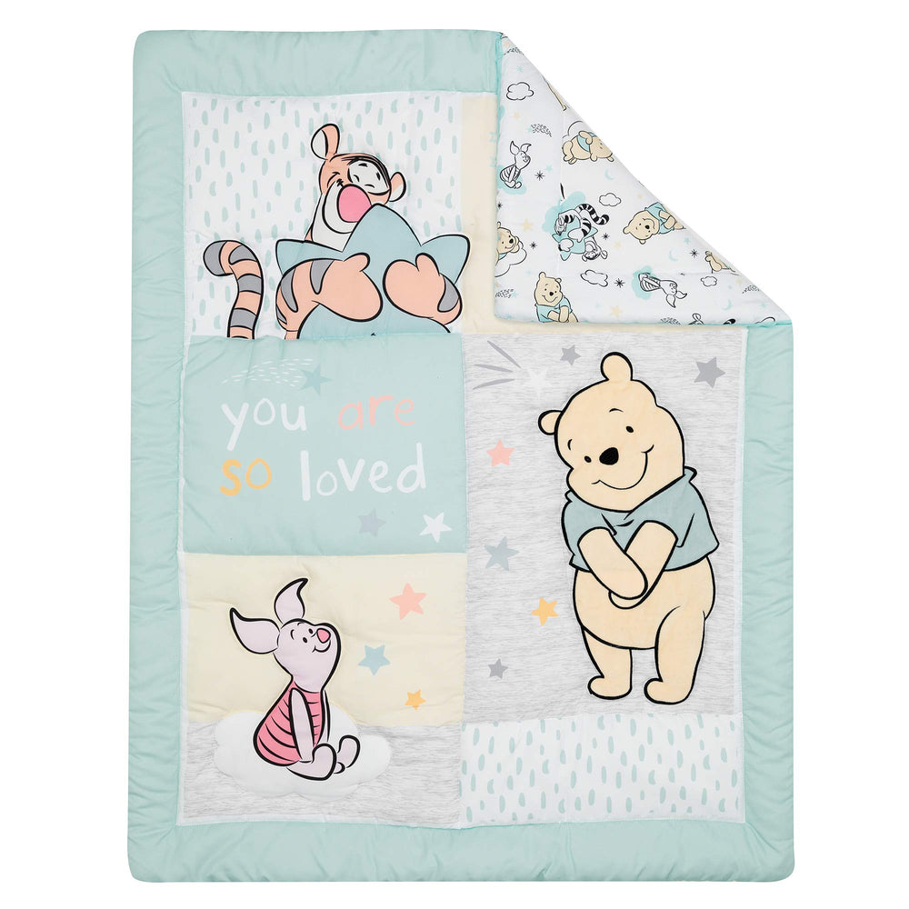 Lambs & Ivy Winnie the Pooh Hugs crib skirt coordinates with soft pastel theme for cohesive decor.