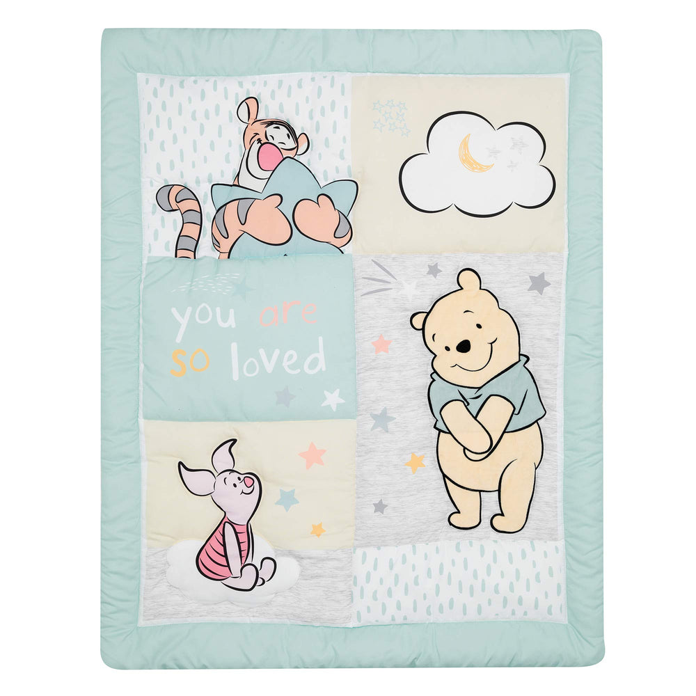 Lambs & Ivy Winnie the Pooh Hugs 3-piece set preps a cozy, photo-ready nursery.