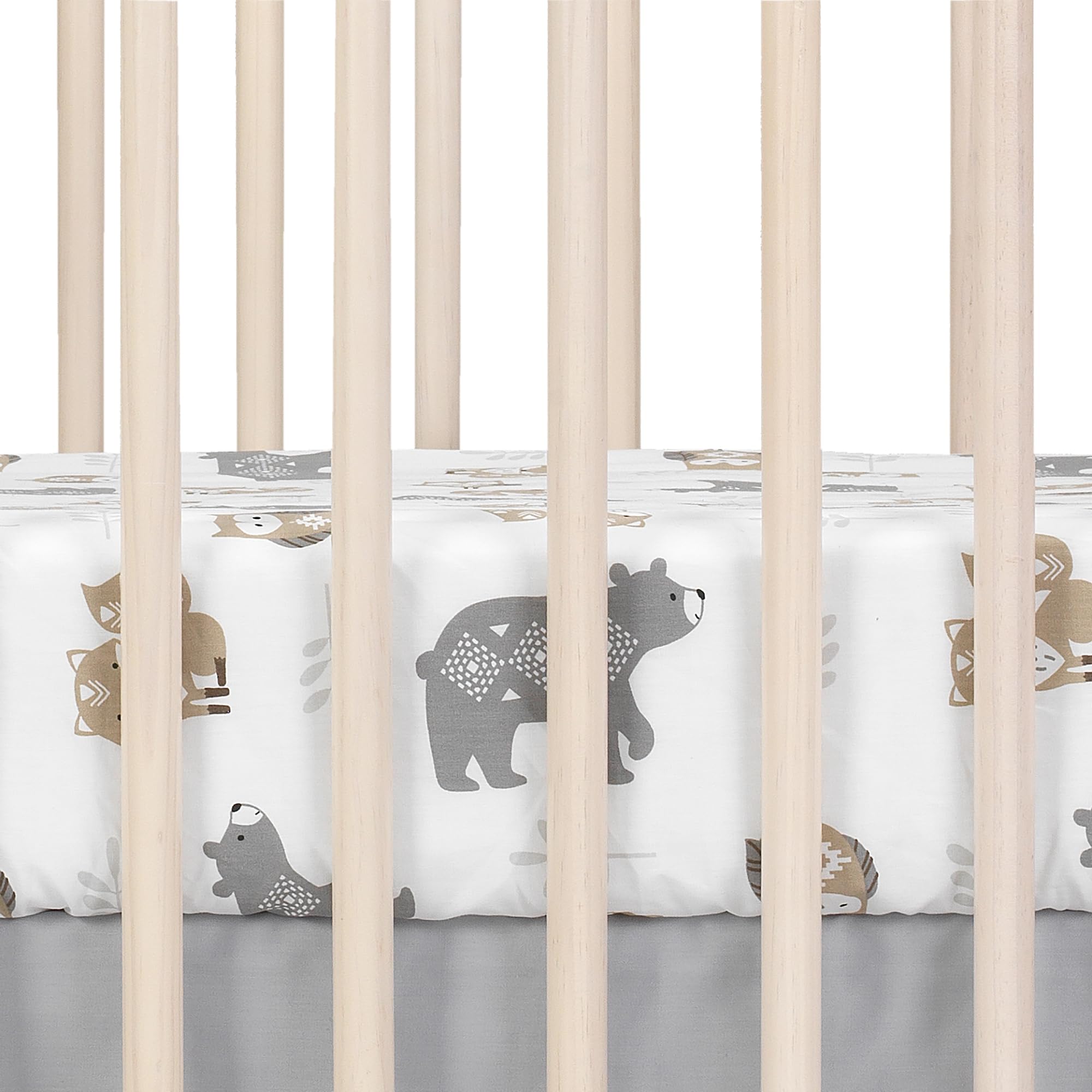 Lambs & Ivy Woodland Forest crib sheet with elastic edge provides snug fit on standard crib.