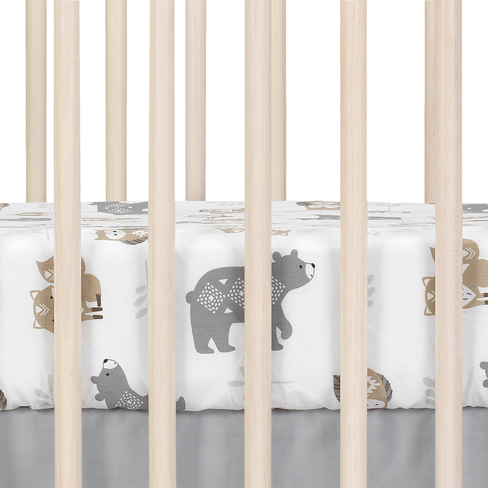 Lambs & Ivy Woodland Forest crib sheet with elastic edge provides snug fit on standard crib.