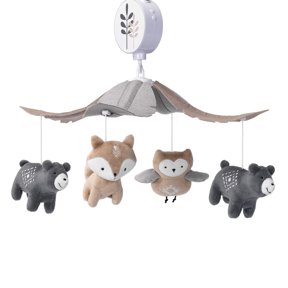 Lambs & Ivy Woodland Forest crib mobile close up highlights gentle music for calming routines