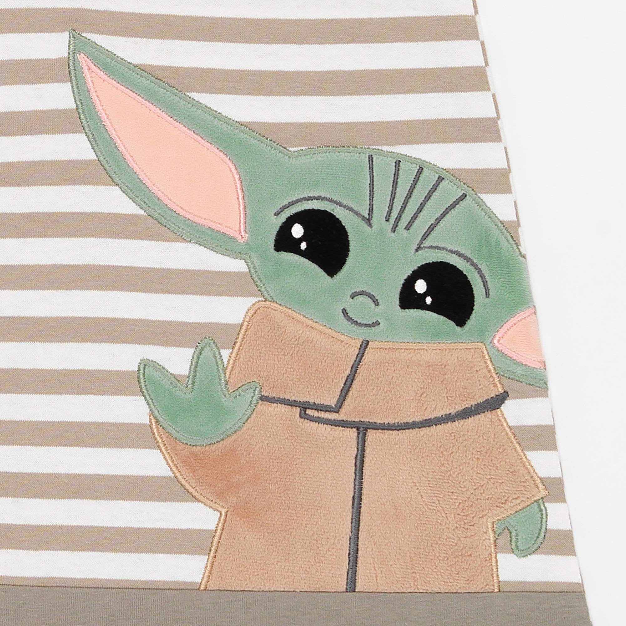 Lambs & Ivy Taupe striped blanket features breathable cotton for safer daytime naps.