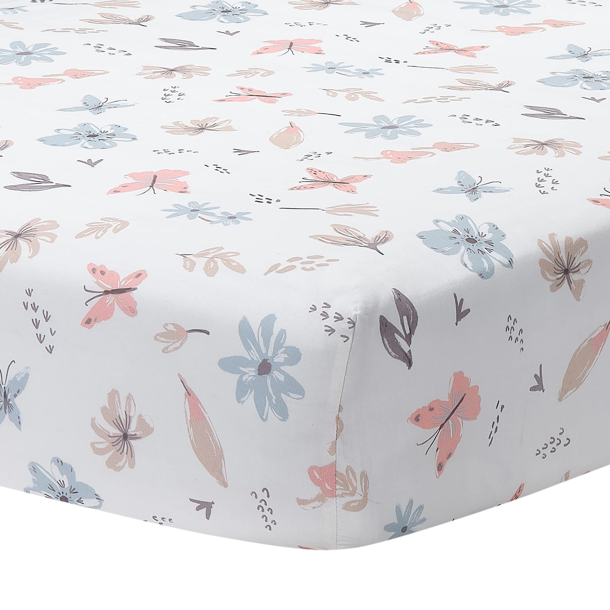 Lambs Ivy Baby Blooms sheet shows flowers and butterflies for gentle crib sleep