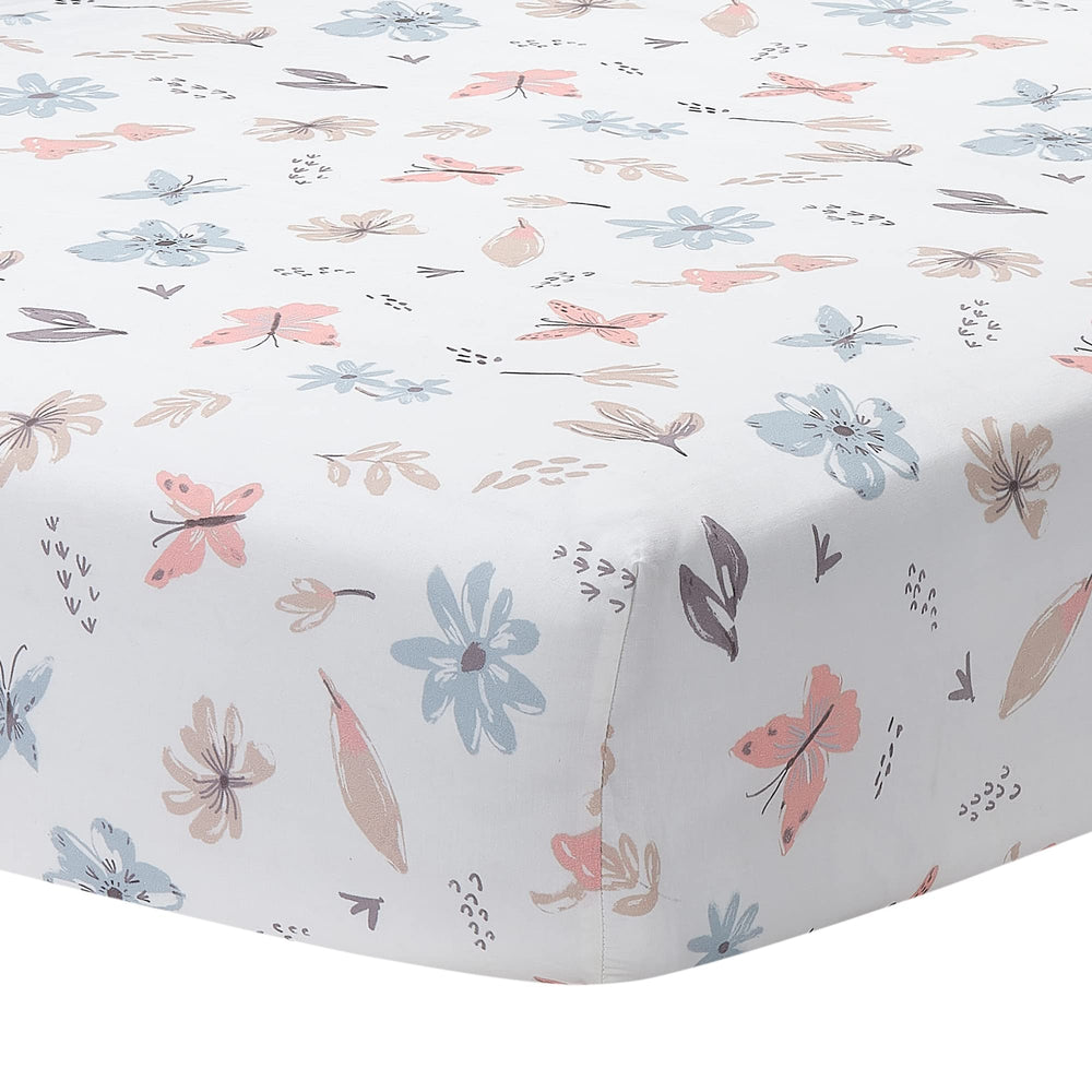 Lambs Ivy Baby Blooms sheet shows flowers and butterflies for gentle crib sleep