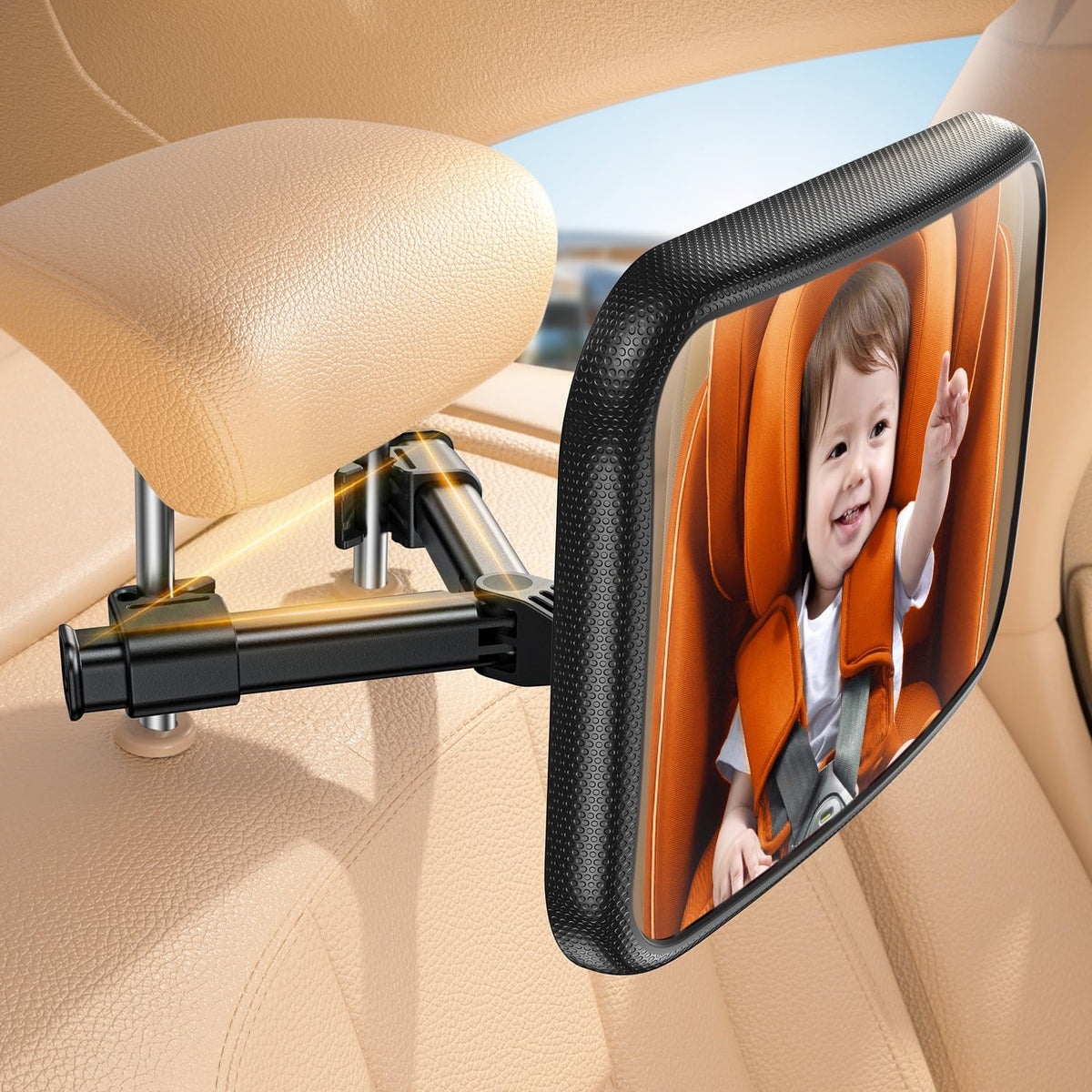 Lamicall Baby Car Mirror with triangle clip securing to headrest for stable viewing