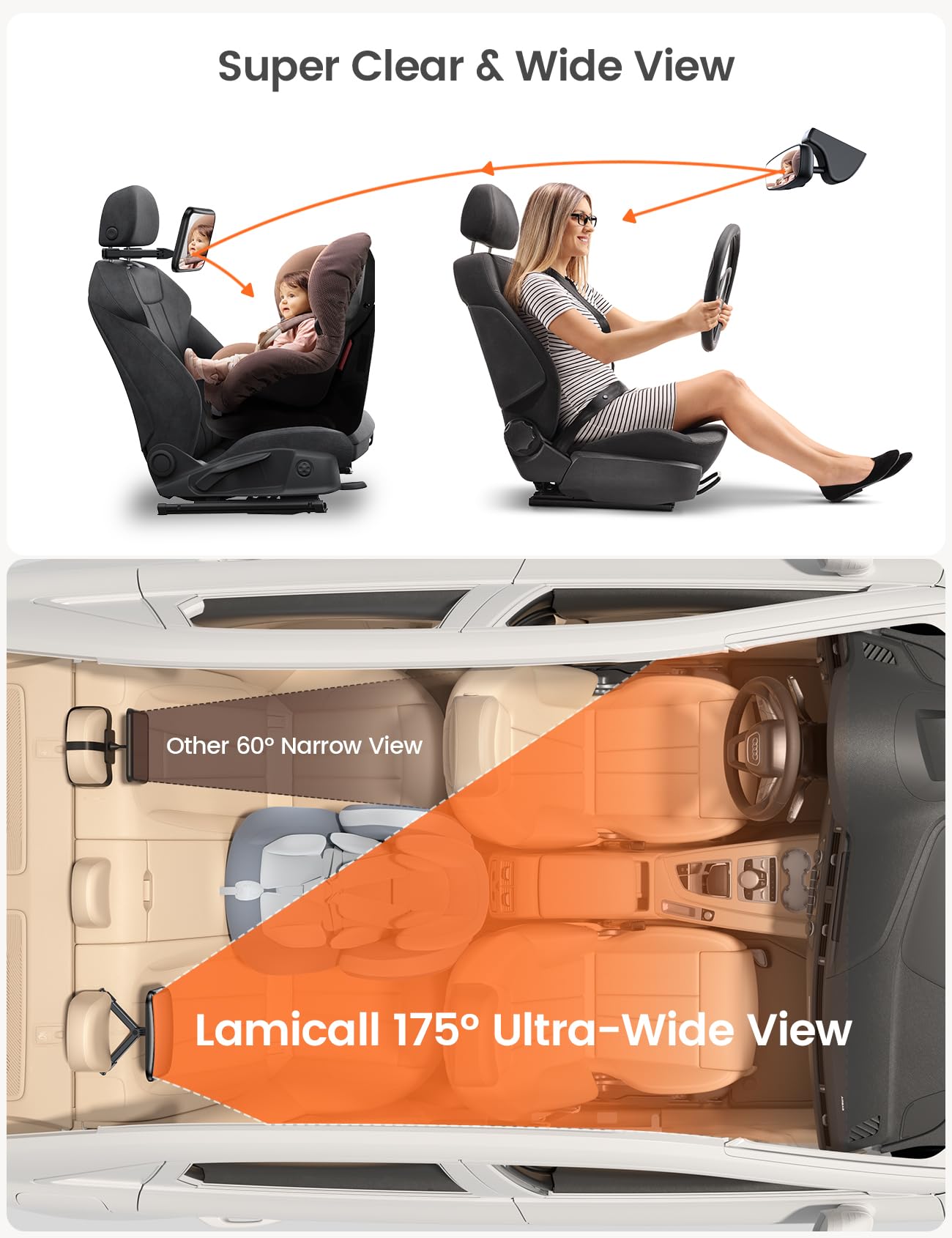 Lamicall Baby Car Mirror wide view provides clear rear-facing baby visibility