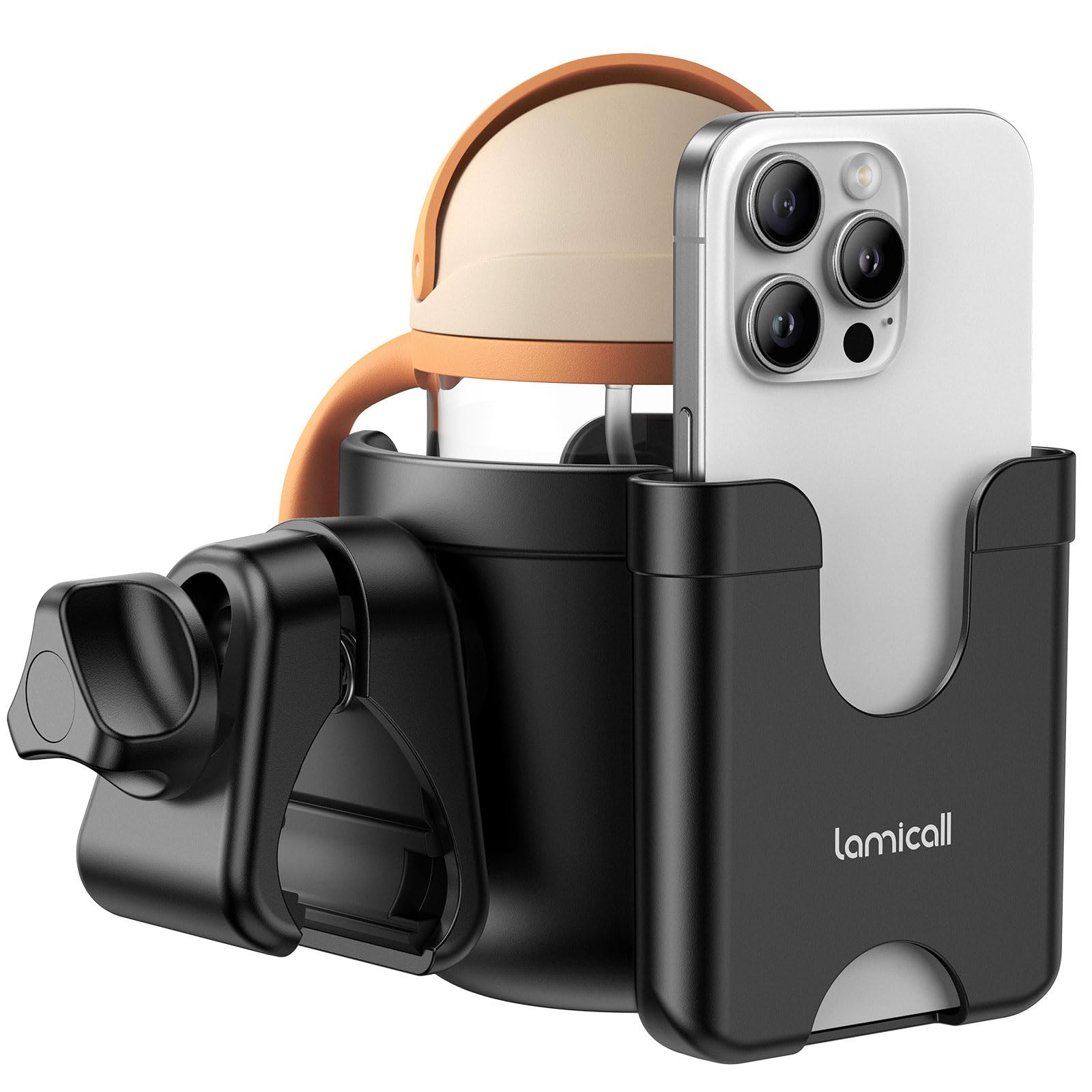 Lamicall 2-in-1 stroller cup holder with cup docking for easy drink access on the go.