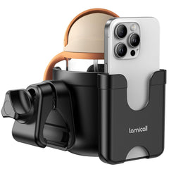 Lamicall 2-in-1 stroller cup holder with cup docking for easy drink access on the go.