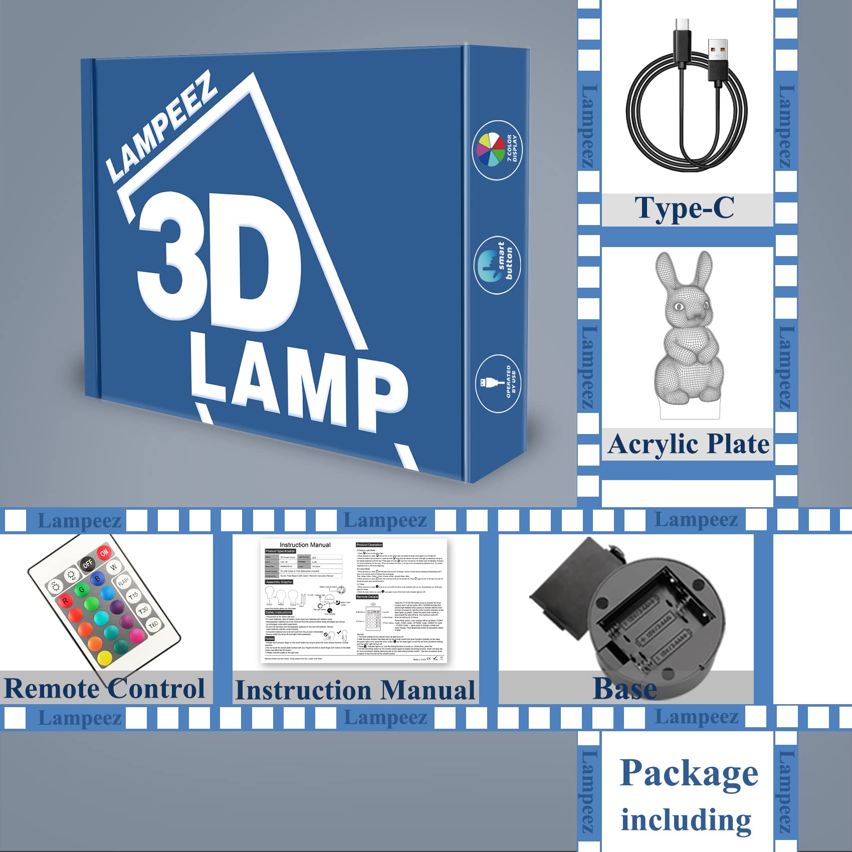 Lampeez 3D Rabbit Lamp includes base, panel, remote