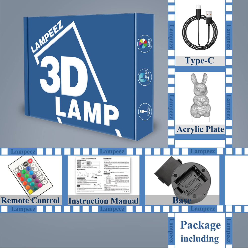 Lampeez 3D Rabbit Lamp includes base, panel, remote