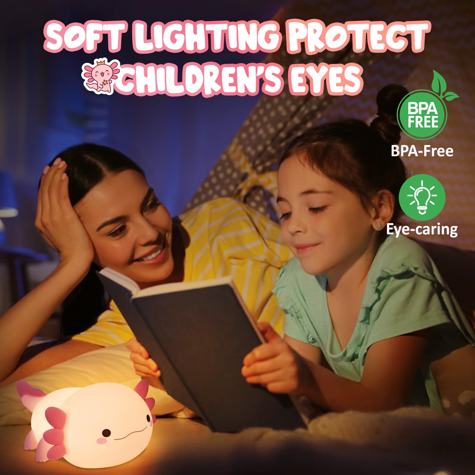 Lampeez axolotl provides adjustable brightness via touch for ambiance control.
