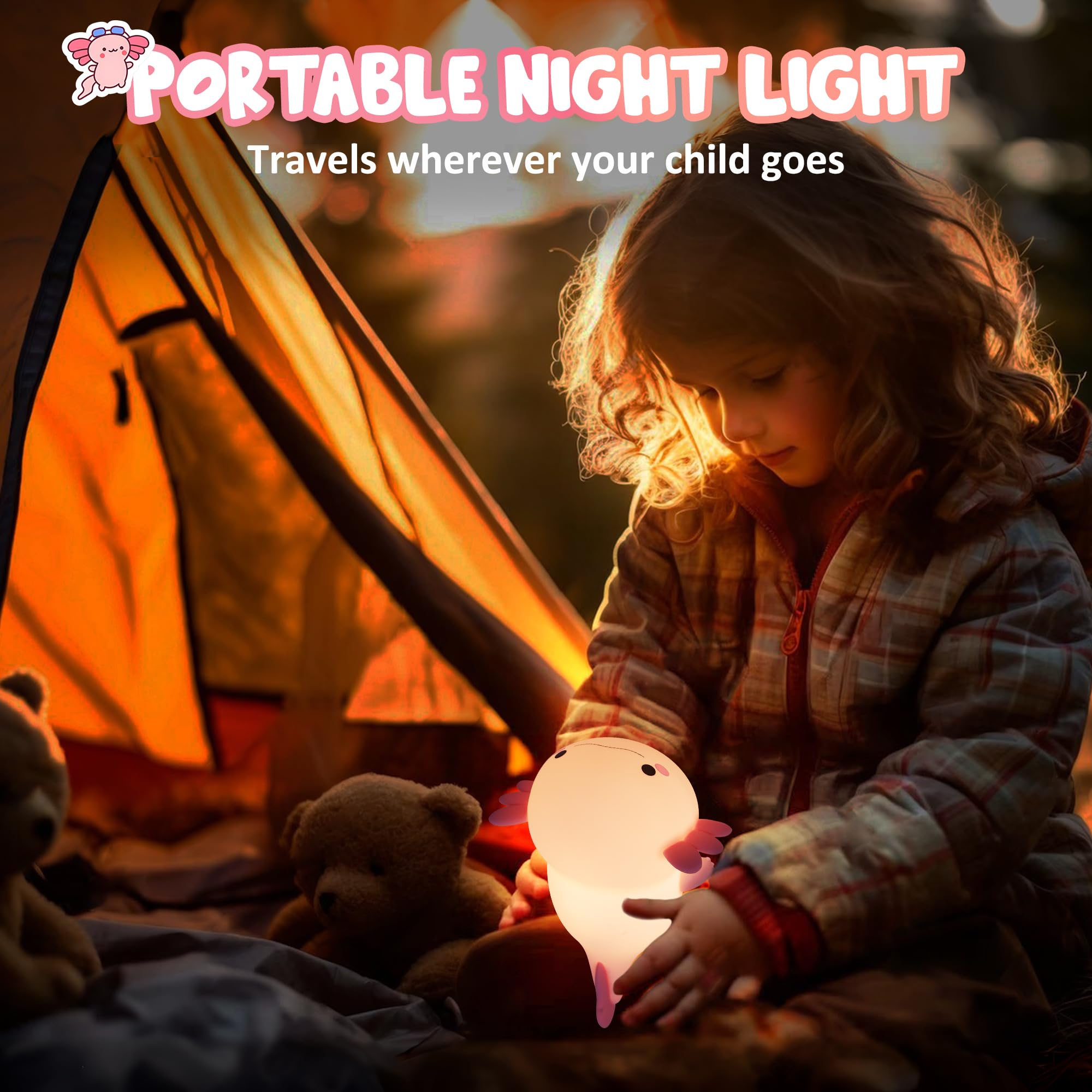 Lampeez axolotl night light with 20-minute timer off for energy saving.
