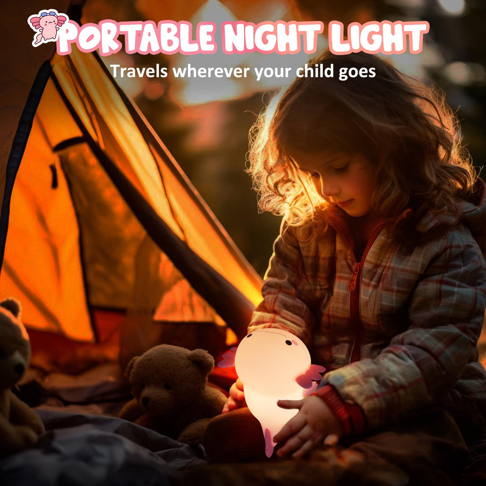 Lampeez axolotl night light with 20-minute timer off for energy saving.