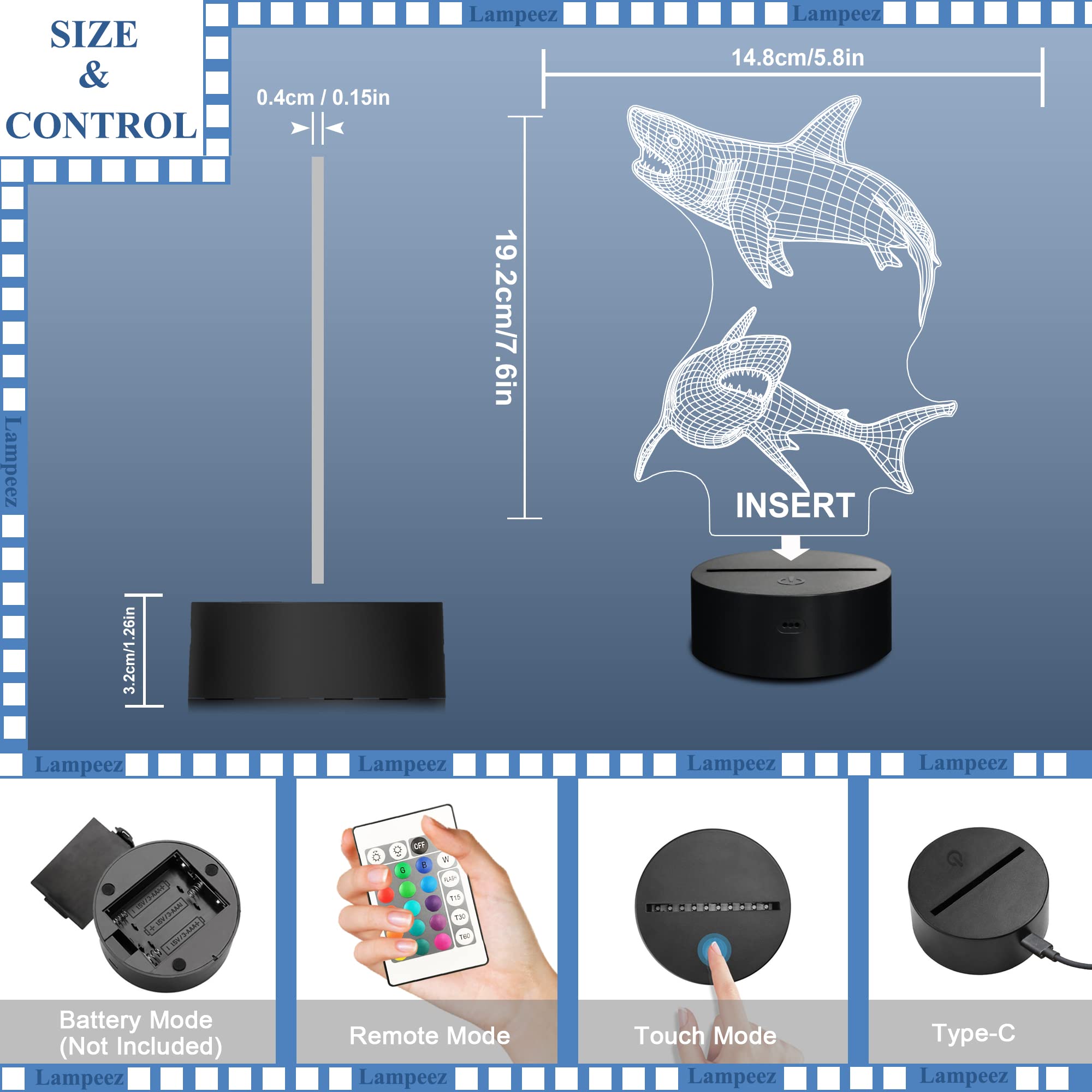 Lampeez Kids 3D Shark Night Light USB cable included for easy power.