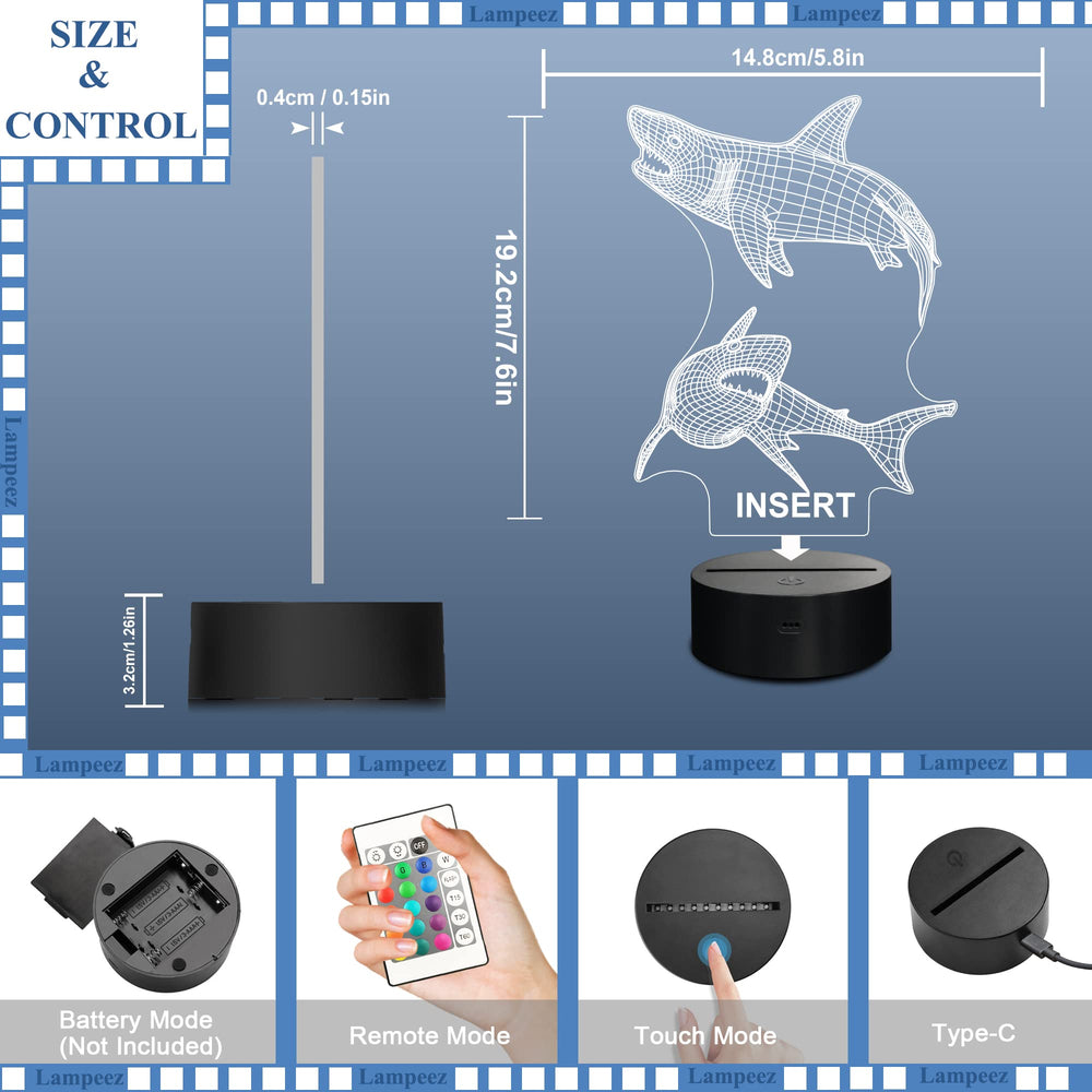 Lampeez Kids 3D Shark Night Light USB cable included for easy power.
