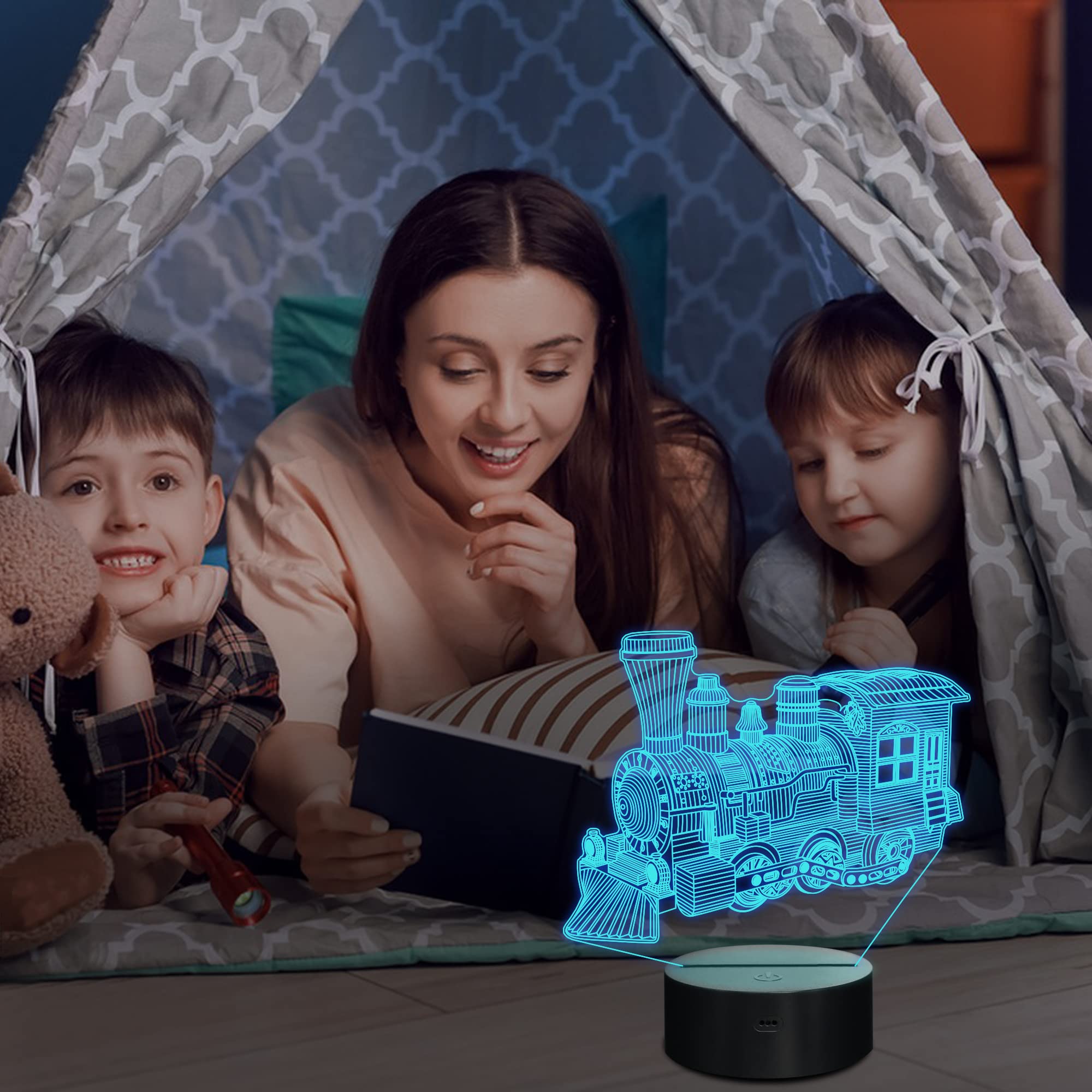Lampeez Train Night Light serves as versatile bedroom and desk decor.