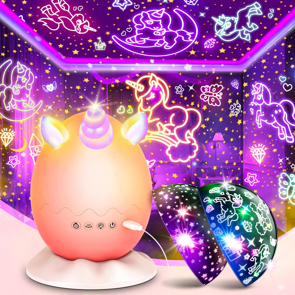 Lampspark Unicorn Egg Night Light on bedside table creates cozy bedtime ambiance