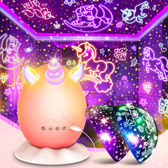 Lampspark Unicorn Egg Night Light on bedside table creates cozy bedtime ambiance