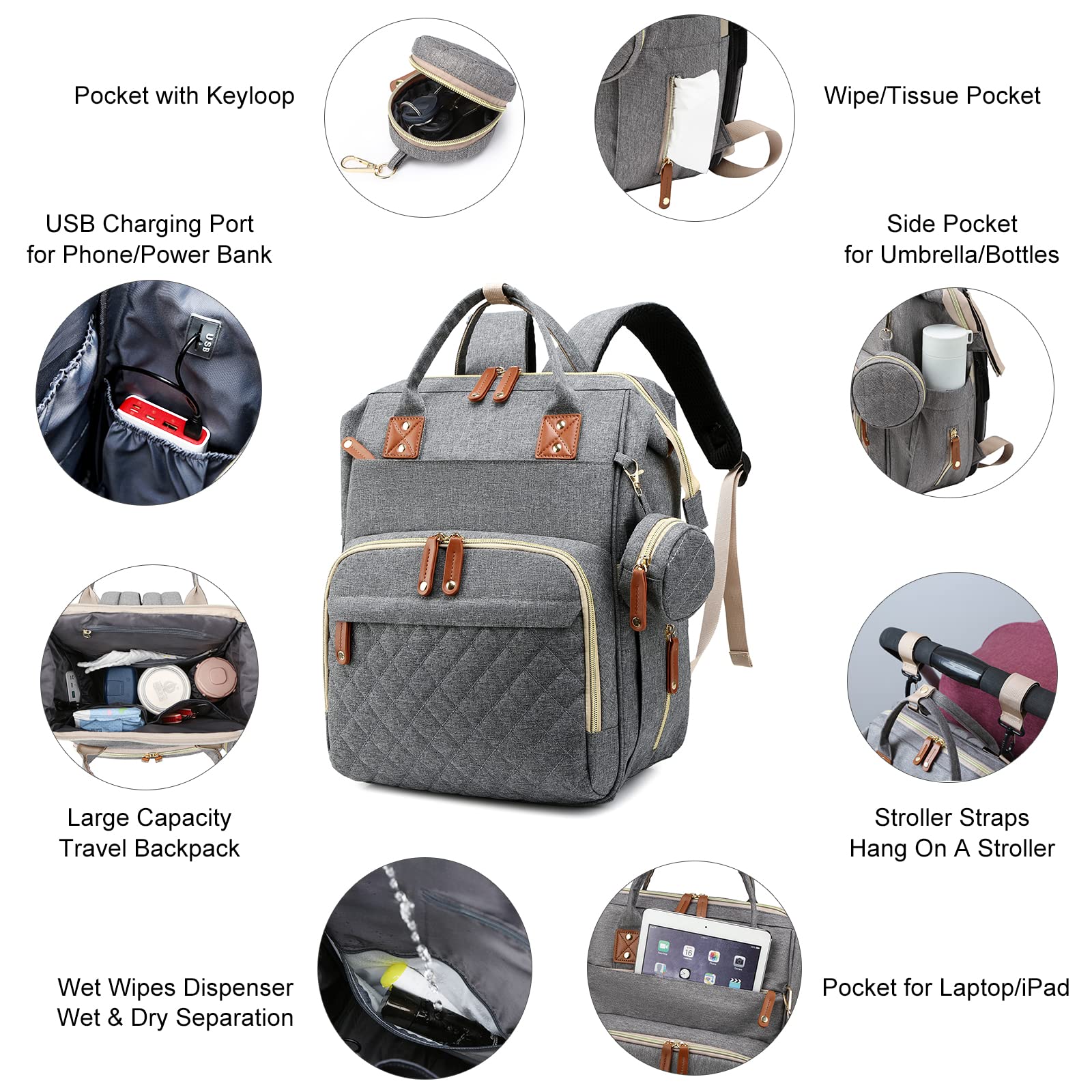 Lamroro diaper bag heat-retaining pockets keep bottles warm on the go.