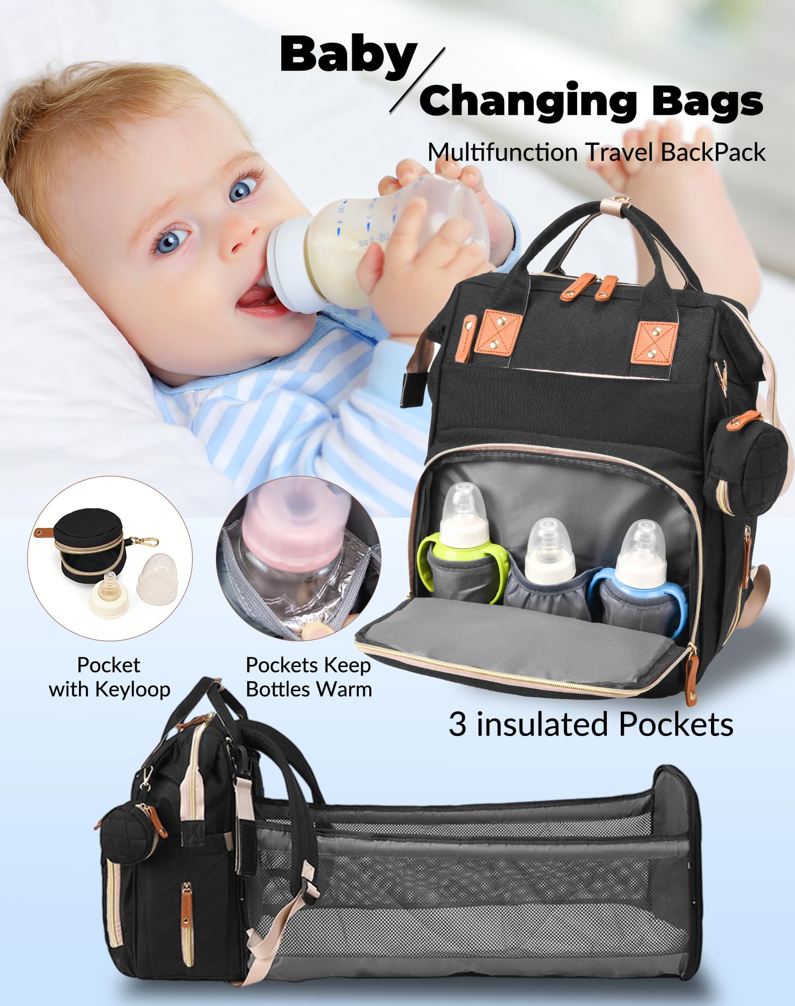 Lamroro diaper bag showing foldable changing pad ready to use
