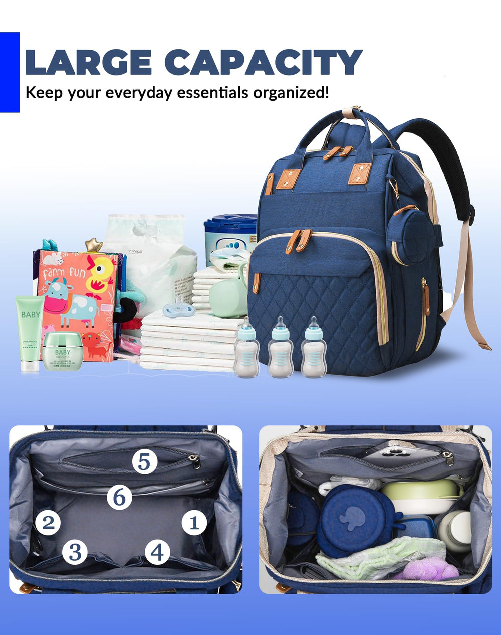 Lamroro diaper bag heat-retaining pockets keep bottles warm during outings.