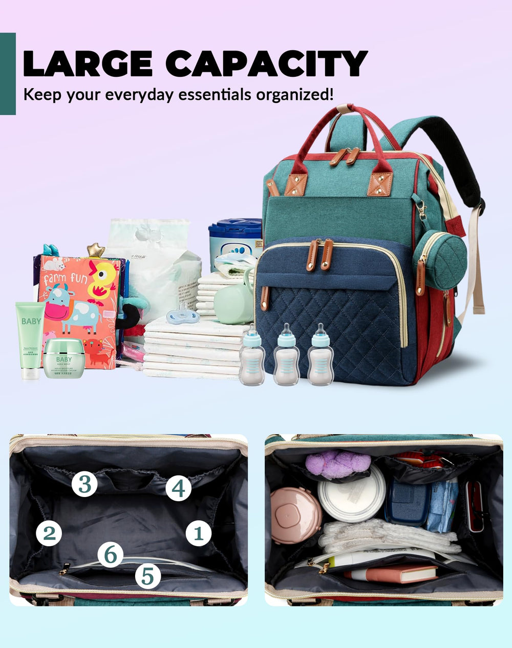 Lamroro diaper bag three heat-retaining pockets keep bottles warm.