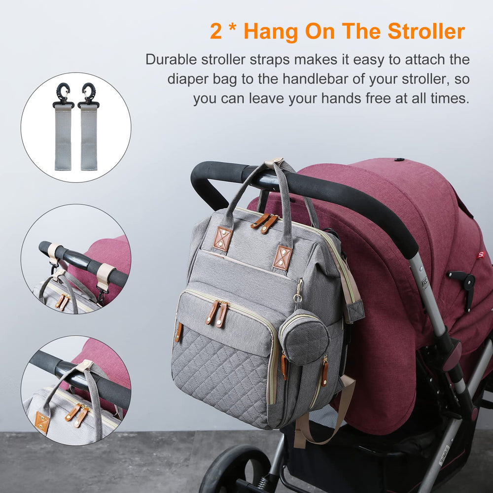 Lamroro diaper bag stroller hanger allows hands-free mobility.