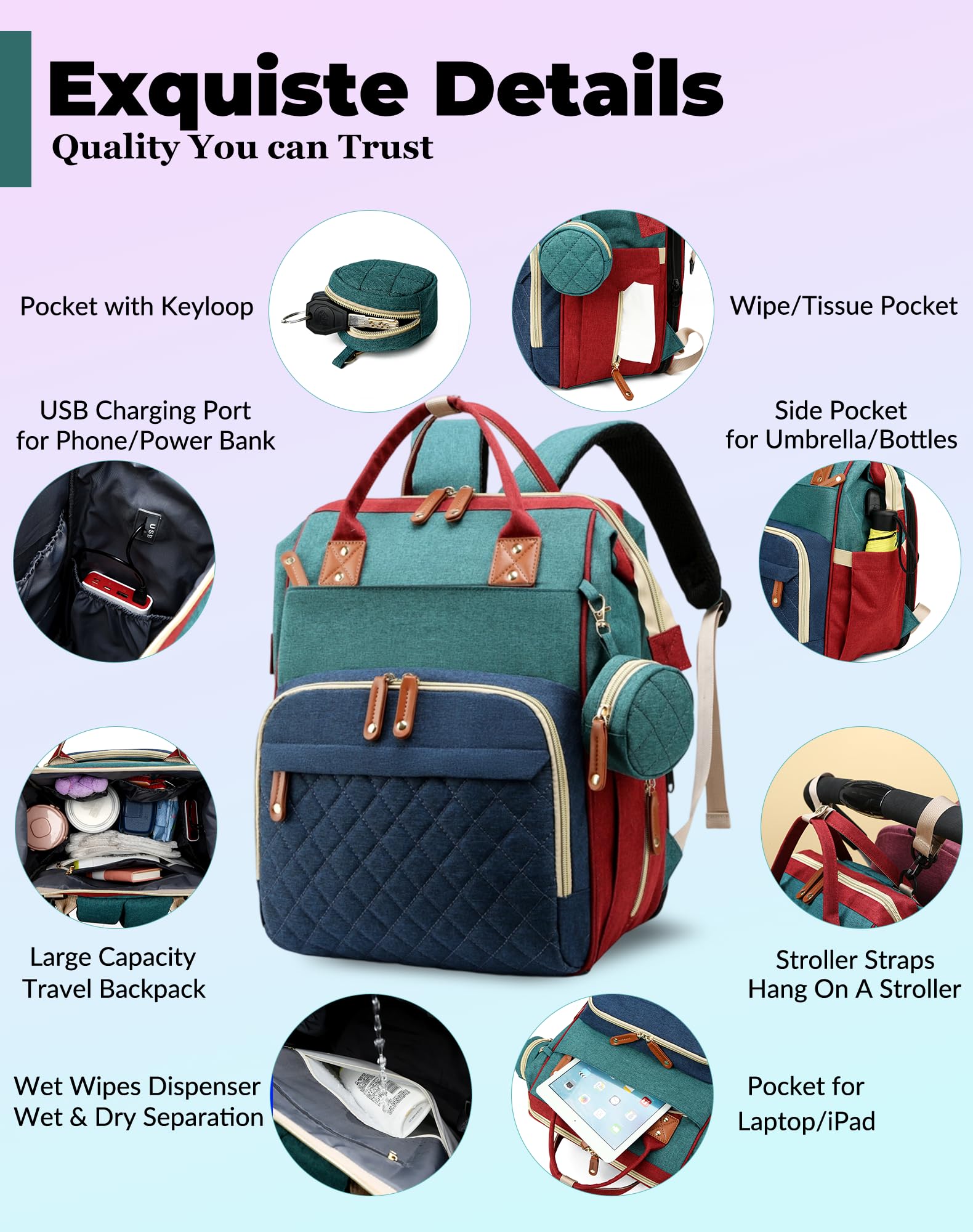 Lamroro diaper bag USB port enables device charging during outings.